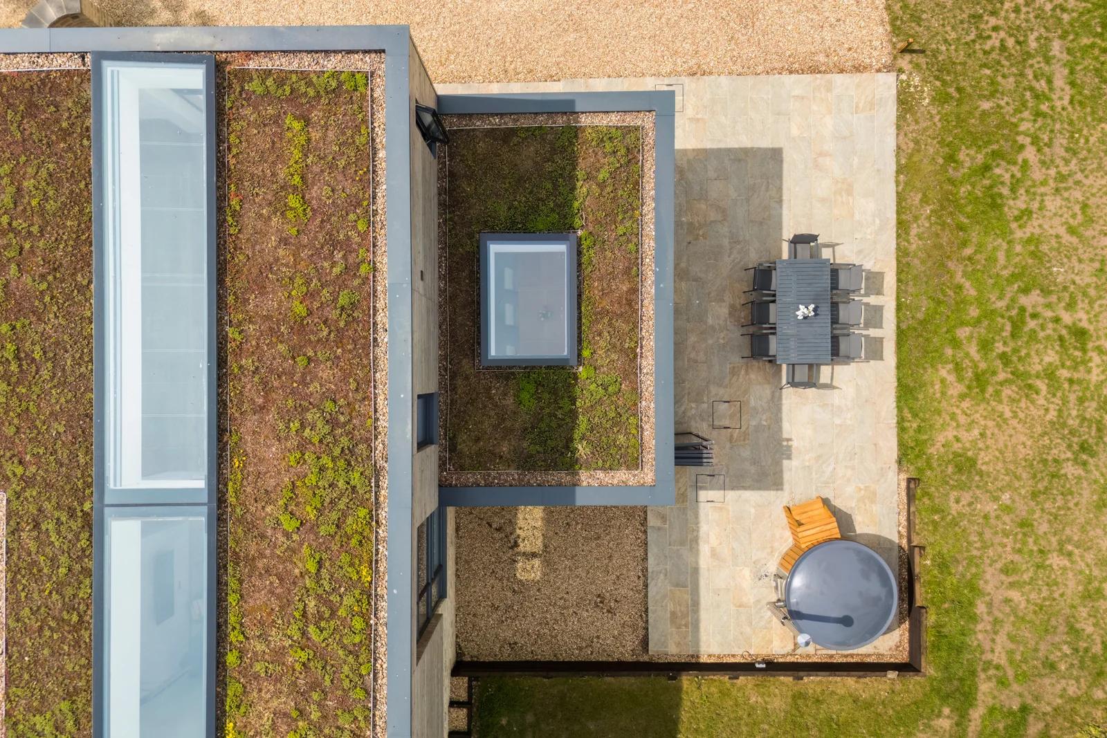 Top down aerial view of the folly and extension reading like a site plan